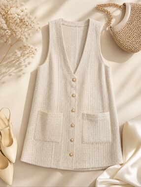 Lulus Cream Tweed Button Front Mini Dress Pearl Buttons Sleeveless Size M